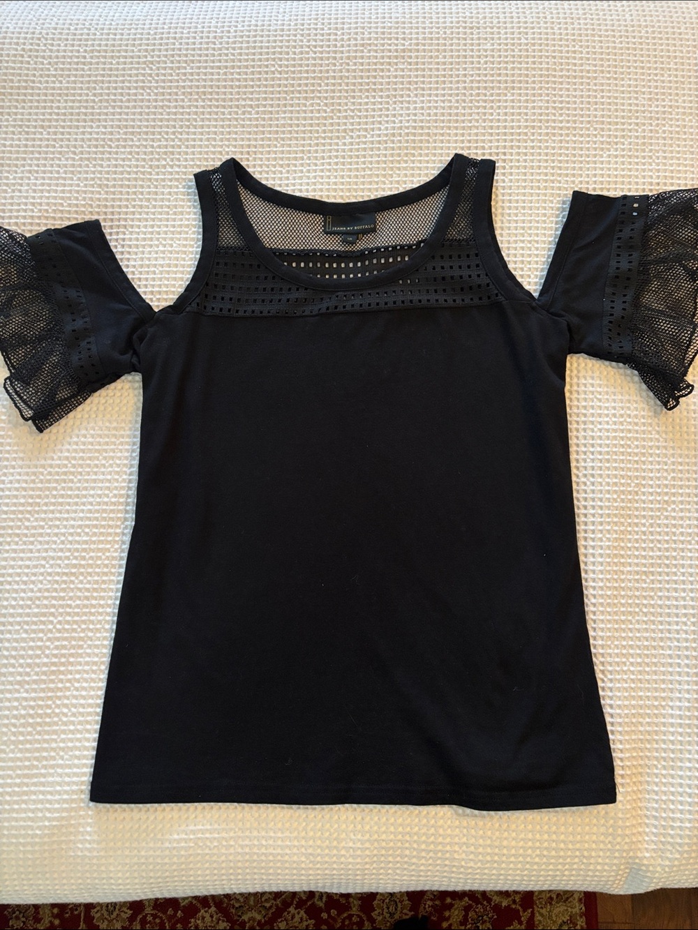 Women’s Black Cold-Shoulder Mesh Detail Top